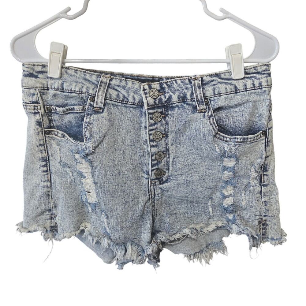 Distressed High-Rise Denim Shorts – Indigo Rein – 13/30